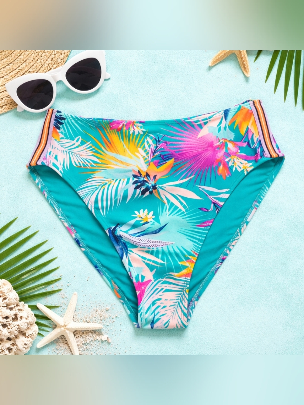 Xhilaration Tropical High Waist Bikini Bottoms L Teal Floral High Leg Swim NWT